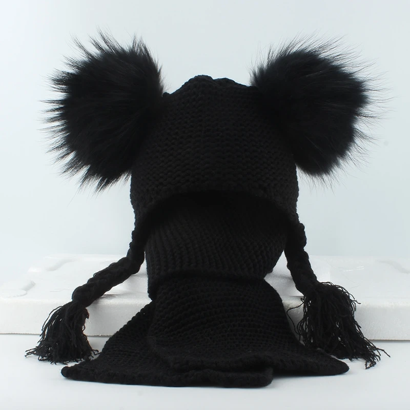 Children's Real Mink Fur Ball Hat Scarf Set Double Balls Earmuff Knit Cap Warm Wool Hat For Baby Boys Girls Scarf Shawl