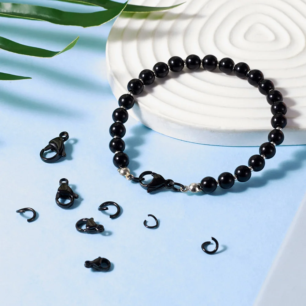 Pretelry Black Stainless Steel Lobster Claw Clasps with 4 Sizes Jump Rings End Connector Buckle Necklace Bracelet Jewelry Making
