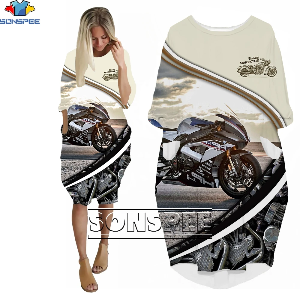 

SONSPEE Vintage Motorcycle 3D Printed Women's Long Sleeve Flame Print Pocket Skirts Loose Dress Casual Punk Robe Women's Gown
