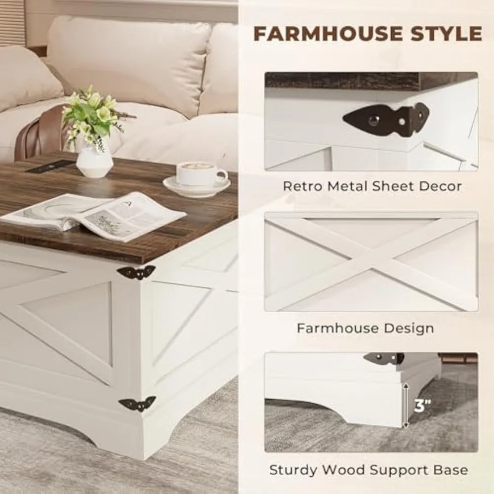 Lift Top Coffee Table with Storage, Square Coffee Table for Living Room with Wireless Charging, Farmhouse Coffee Table 6