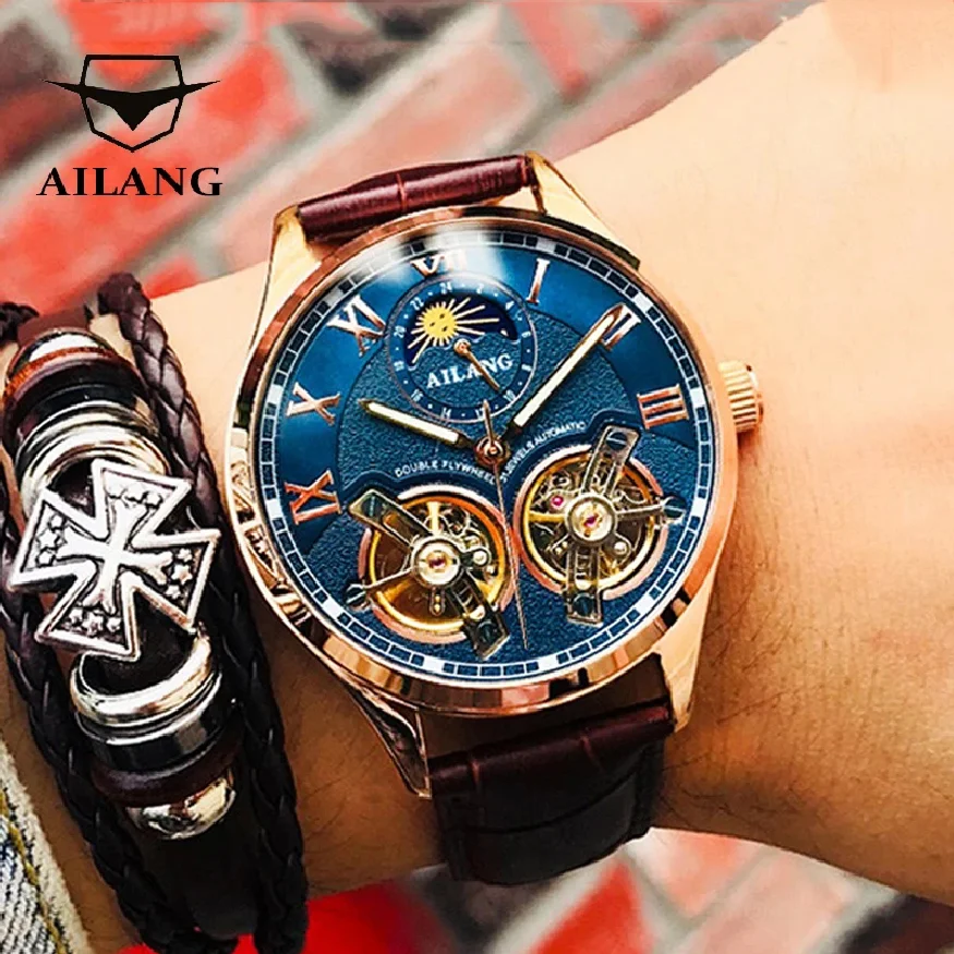 

AILANG 2023 Fashion Original Brand Men's Luxury Mechanical Watch Double Tourbillon Leather Strap Moon Phase Automatic Watches