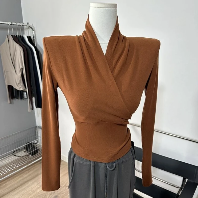 

Wholesale Autumn Winter Cross V Neck T Shirts Women Long Sleeve Tees Slim Top Female Solid Short Skinny Fleece Lined T Shirt