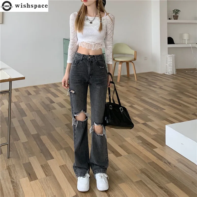 Smoky Grey Women's Jeans with Holes 2022 Spring Summer and Autumn Korean Version New Fashion Straight Leg Wide Leg Pants