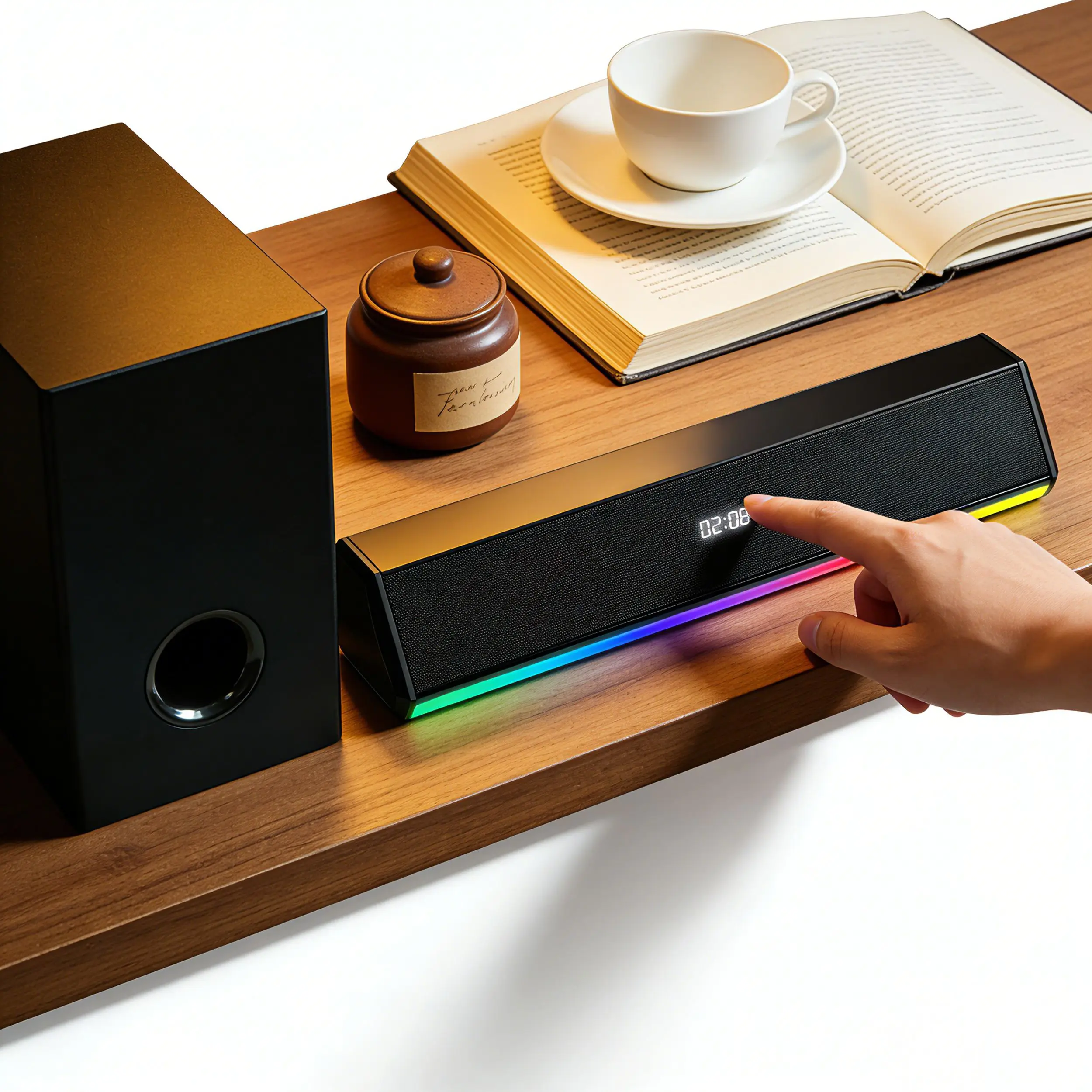 홈 시어터 2.1채널 무선 미니 사운드바 RGB 라이트 리모컨 AUX USB 입력 연결용 5 스피커