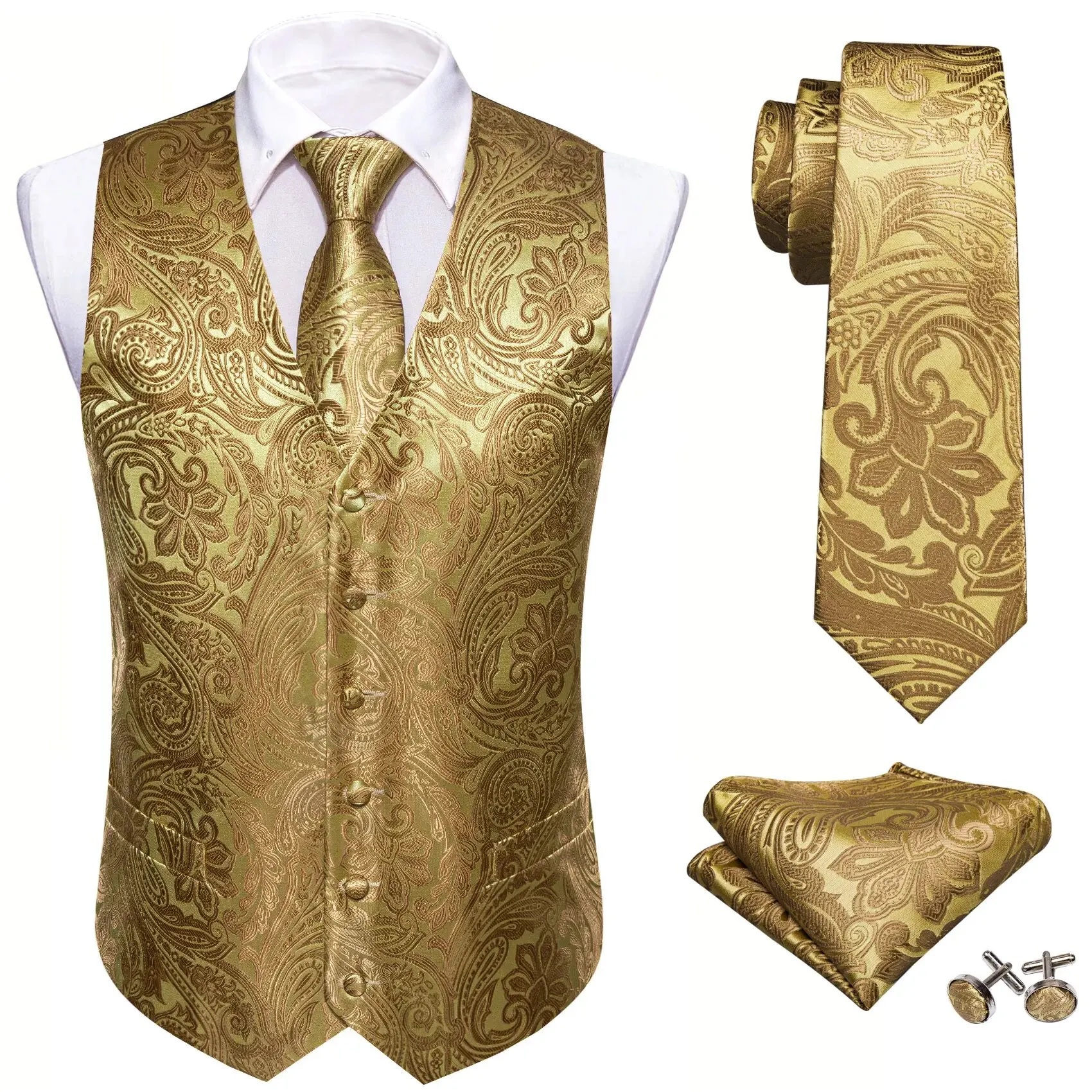 4pcs Men's Suit Vest Jacquard Waistcoat with Tie Pocket Square Cufflinks Set for Male Sleeveless Jacket Wedding Business Party dress vests