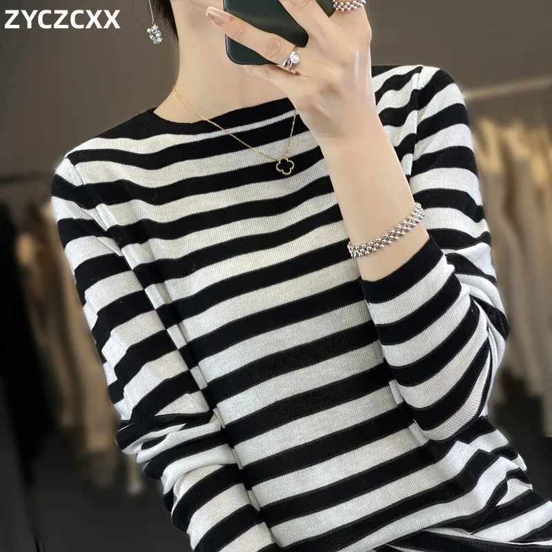 

Женский шерстяной свитер в полоску, осенне-зимний Повседневный пуловер с круглым вырезом, простой свитер в черно-белую полоску для женщин