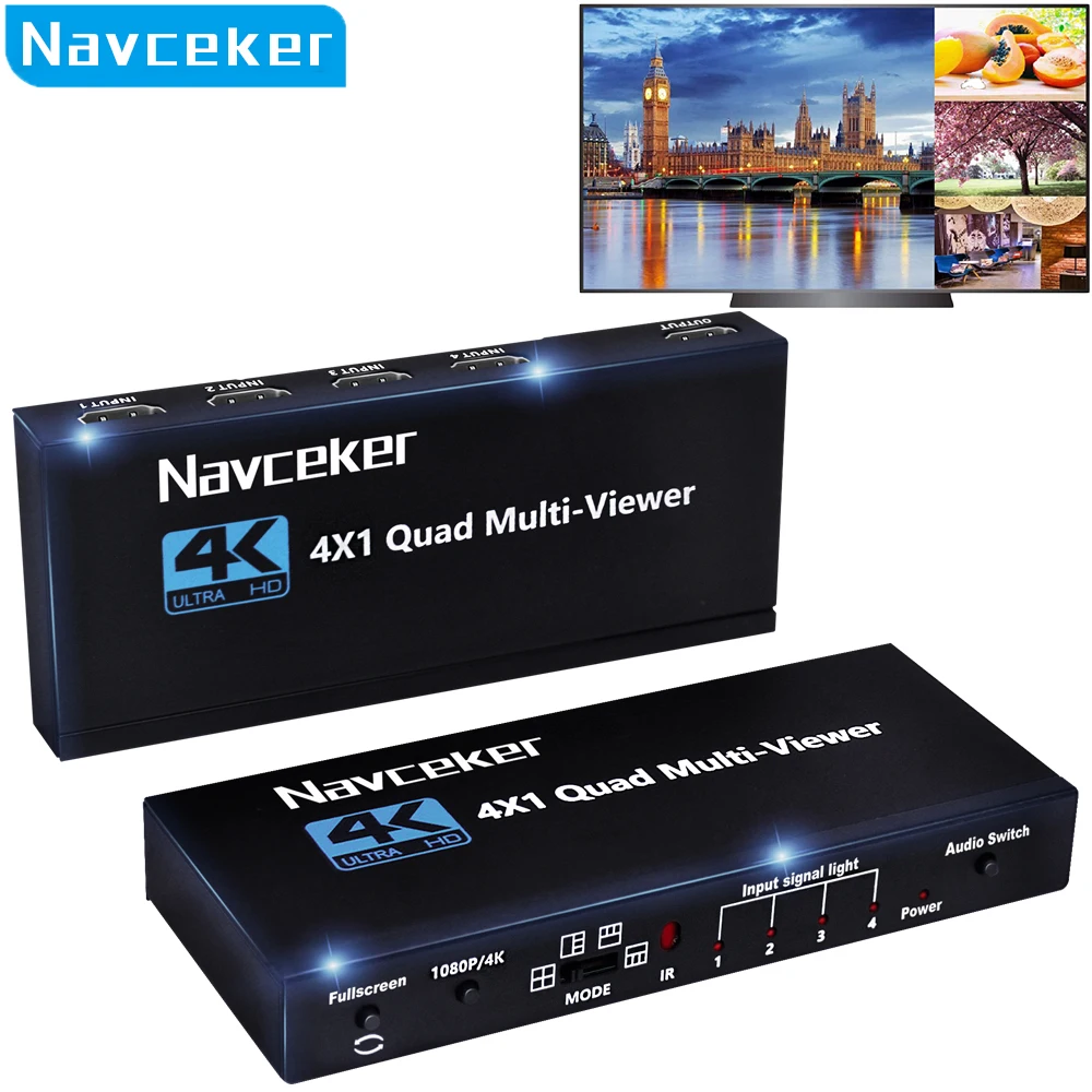 Navceker Kvm Multiviewer Compatibile Con Hdmi 4K 4 In 1 Out 1080P Quad Screen Multi Viewer Hdmi Multi-Viewer Interruttore Senza Cuciture Con Ir