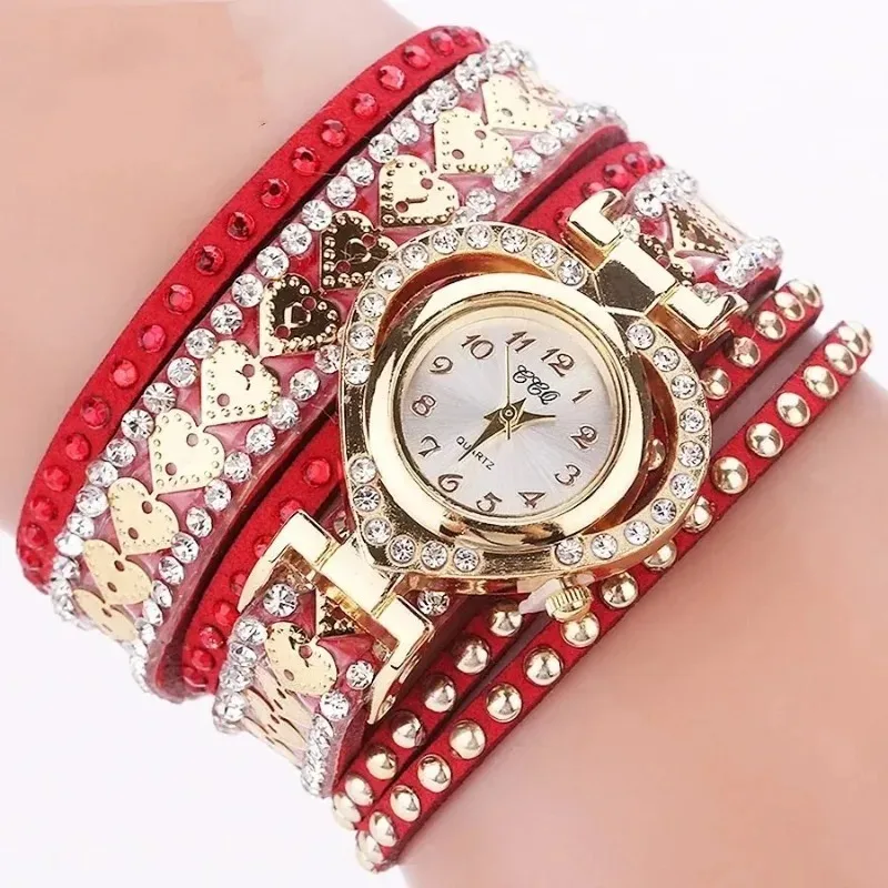 Long Strap Leather Watch Women Vintage Rhinestone Dress Watch Ladies Heart Dial Shiny Bracelet Wristwatch Clock Gifts