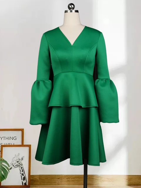 Green Long Sleeve High Waist A Line Pleated Dress 2