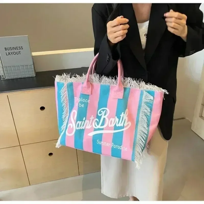 2025 New Y2k Cartoon Summer Bag Fashion Beach Large Capacity Shoulder Work Handmade Tassel Denim Print Tote Bag Clothing Bag 3