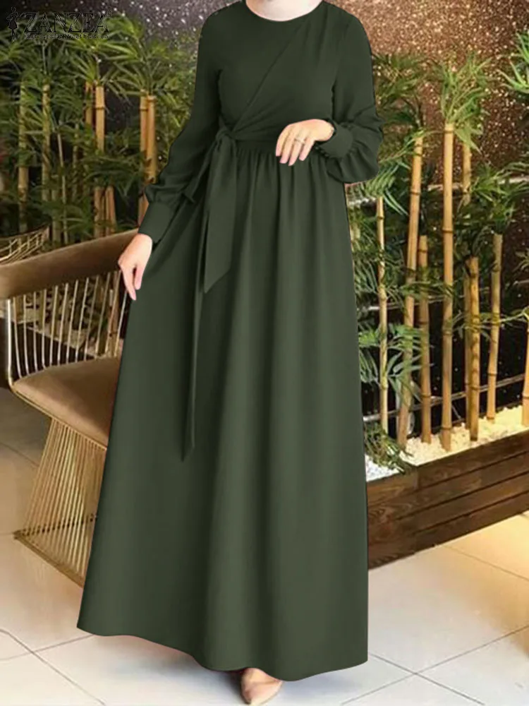 

2023 ZANZEA Muslim Autumn Long Sleeve Dress Turkey Abayas For Women Spring O-Neck Solid Pleated Sundress Elegant Casual Robe
