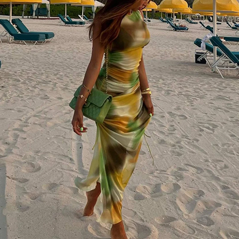 

Spring Tie-dye Print Side Split Party Dress Women Sexy O Neck Sleeveless Tank Long Dress Summer Slim Bodycon Pleated Boho Dress