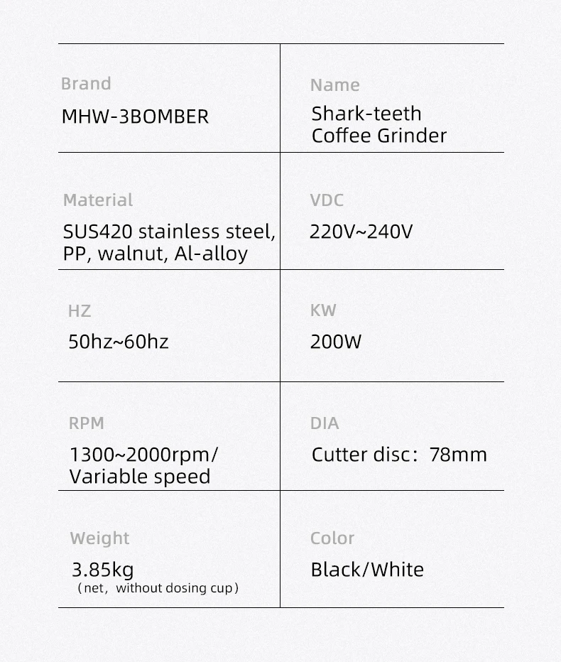 Description Picture 3 of itemMHW-3BOMBER Adjustable Electric Coffee Grinder 78mm Blades with Espresso Sifter Dosing Cup &amp Brush Set Coffee Bean Hopper