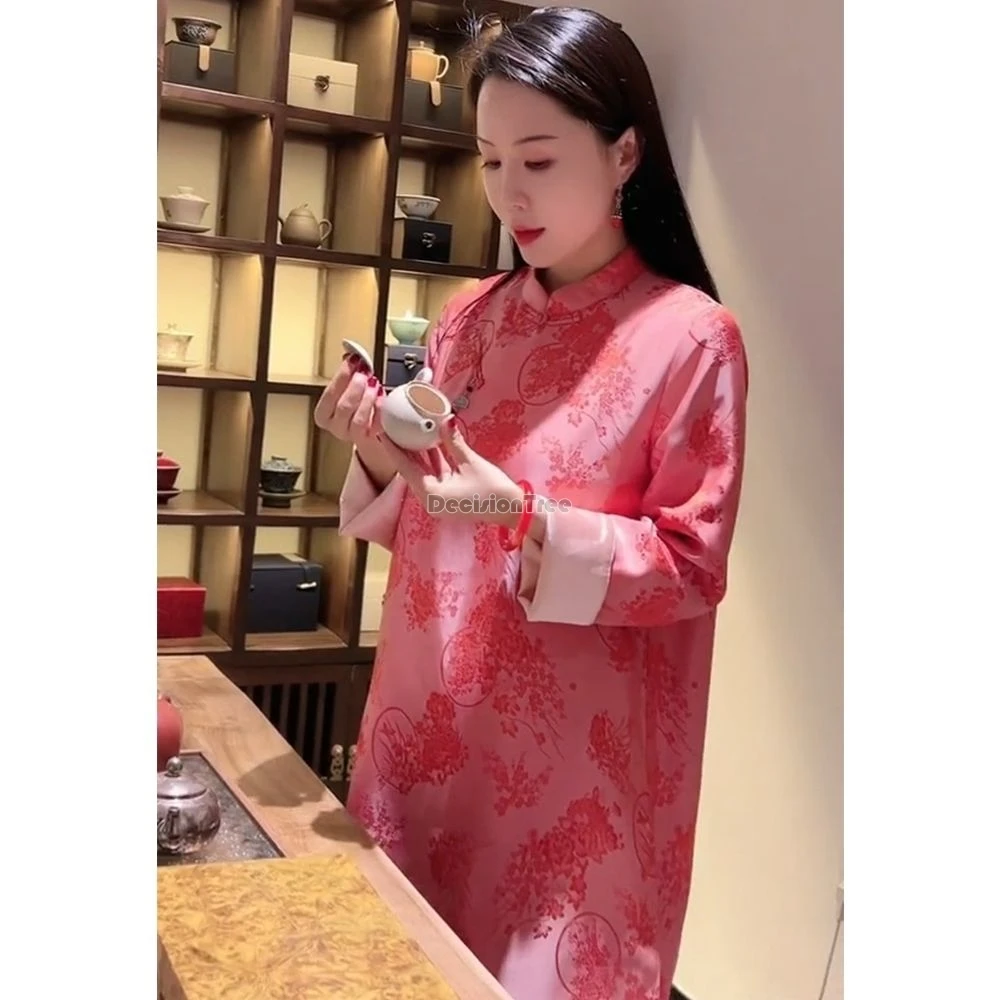 chinese style improved printing diagonal front buckle cheongsam top long sleeve mid length jacket fashionable loose shirt