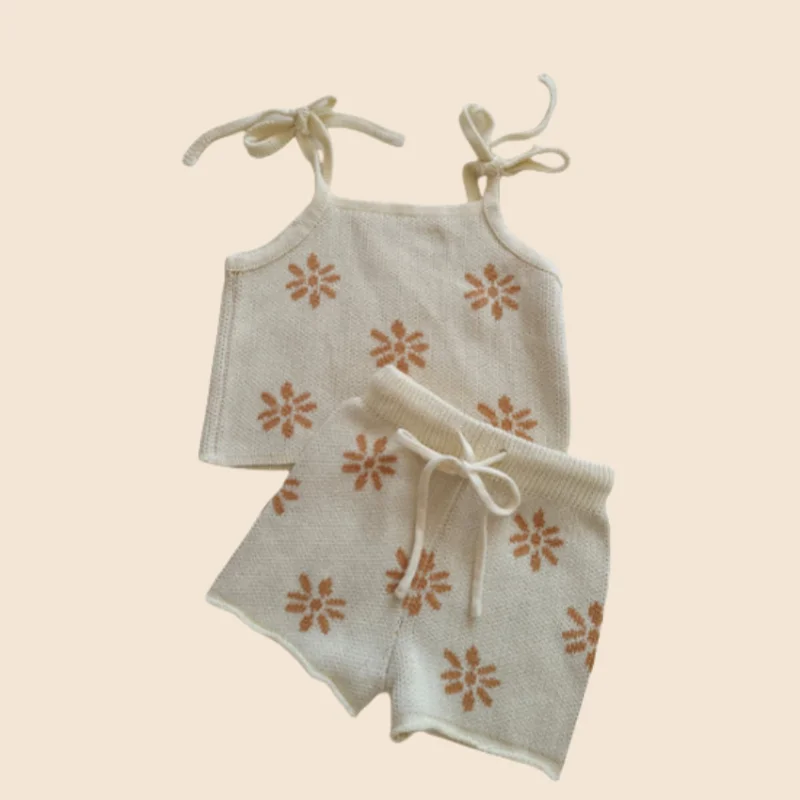 Newborn Baby Knitted Outfit Set 0-2Y Infant Spaghetti Strap Top & Shorts Soft Floral Baby Clothes Adjustable Infant Clothes
