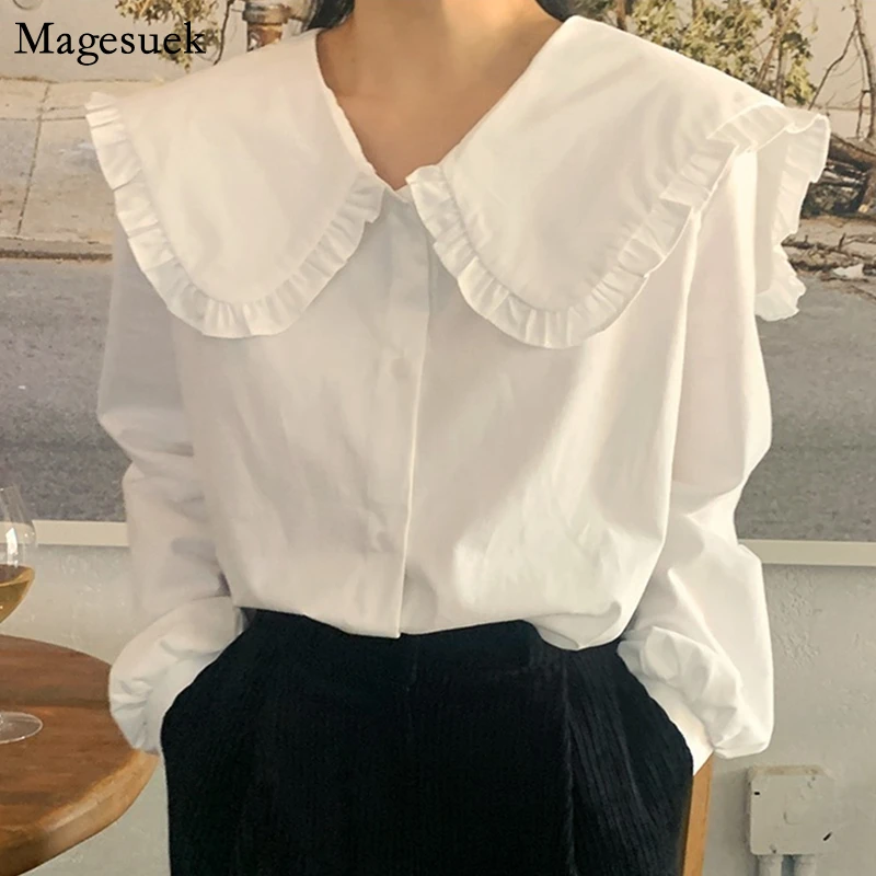 Camisa de algodón con cuello vuelto Vintage para mujer, blusa blanca de manga larga, Tops de gran tamaño, 14836|Camisa|