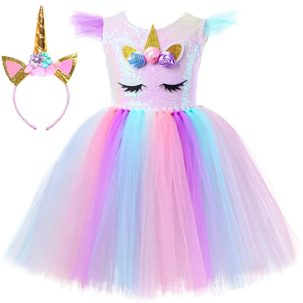 

Sequins Girls Unicorn Tutu Dress Long Rainbow Children Tulle Princess Dress Mid-Calf Kids Birthday Party Halloween Costume 3-10Y