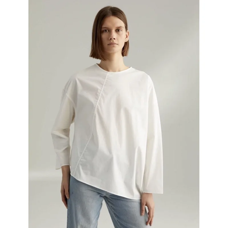 

TOT@ Fashion Cotton Poplin Shirt Women's Spring/summer Leisure Commute Loose Round Neck Long Sleeve Pullover Top