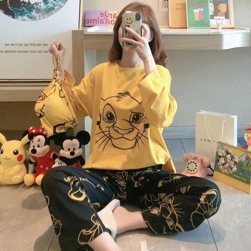 The Lion King Simba Cute Pajamas Set Autumn Winter Long Sleeve Leisure Sleepwear For Women Loose Nightwear Homewear Suit cotton pajama set