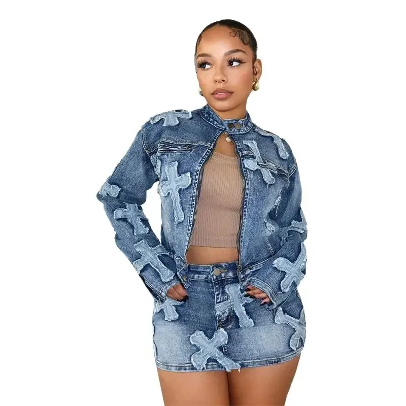 Women Stand-up Collar Zipper Jackets Patchwork Crosses Denim Suits Ultra Short Wrap Hip Skirt Female Casual Trend Two Piece Sets short down padded jacket women 2023 kawaii korean style wild loose pearlescent stand up collar winter jackets parkas cotton coat