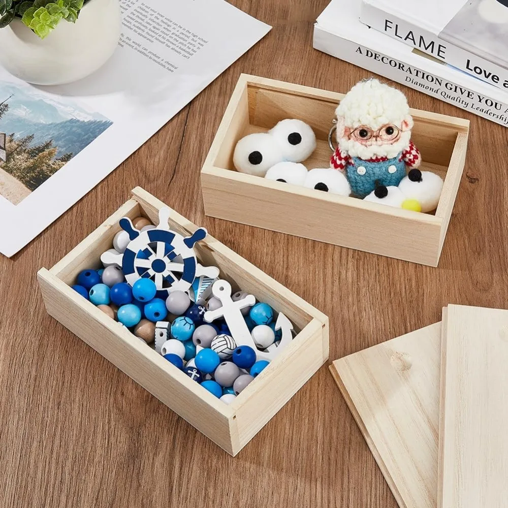 6Pcs Wood Box with Slide Lid 6.6x3.7inch Unfinished Wooden Storage Box Small Wooden Trinket Storage with Slide Top