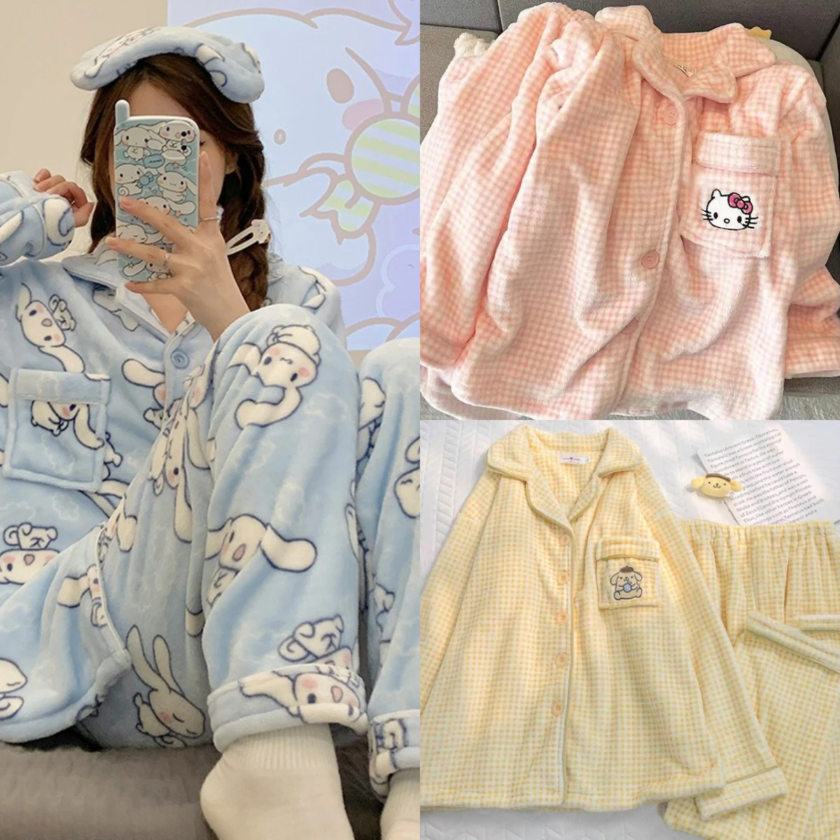 

Sanrio Cinnamoroll Hello Kitty Onpompurin Autumn Winter Warm Plaid Flannel Pajama Sets Girls Cute Causal Thick Pajamas Home Wear