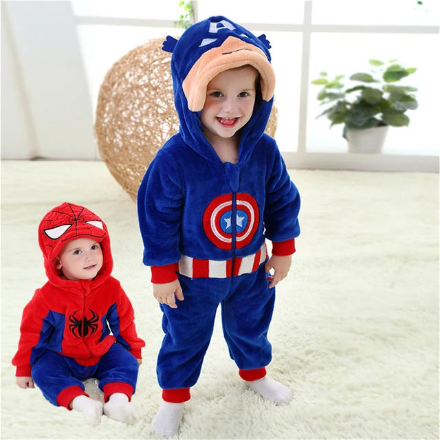 Pijama de superhéroe bebé, traje Cosplay de Capitán América, personaje de película, Spiderman, niño pequeño, cálido, con capucha, festivo, Invierno - AliExpress