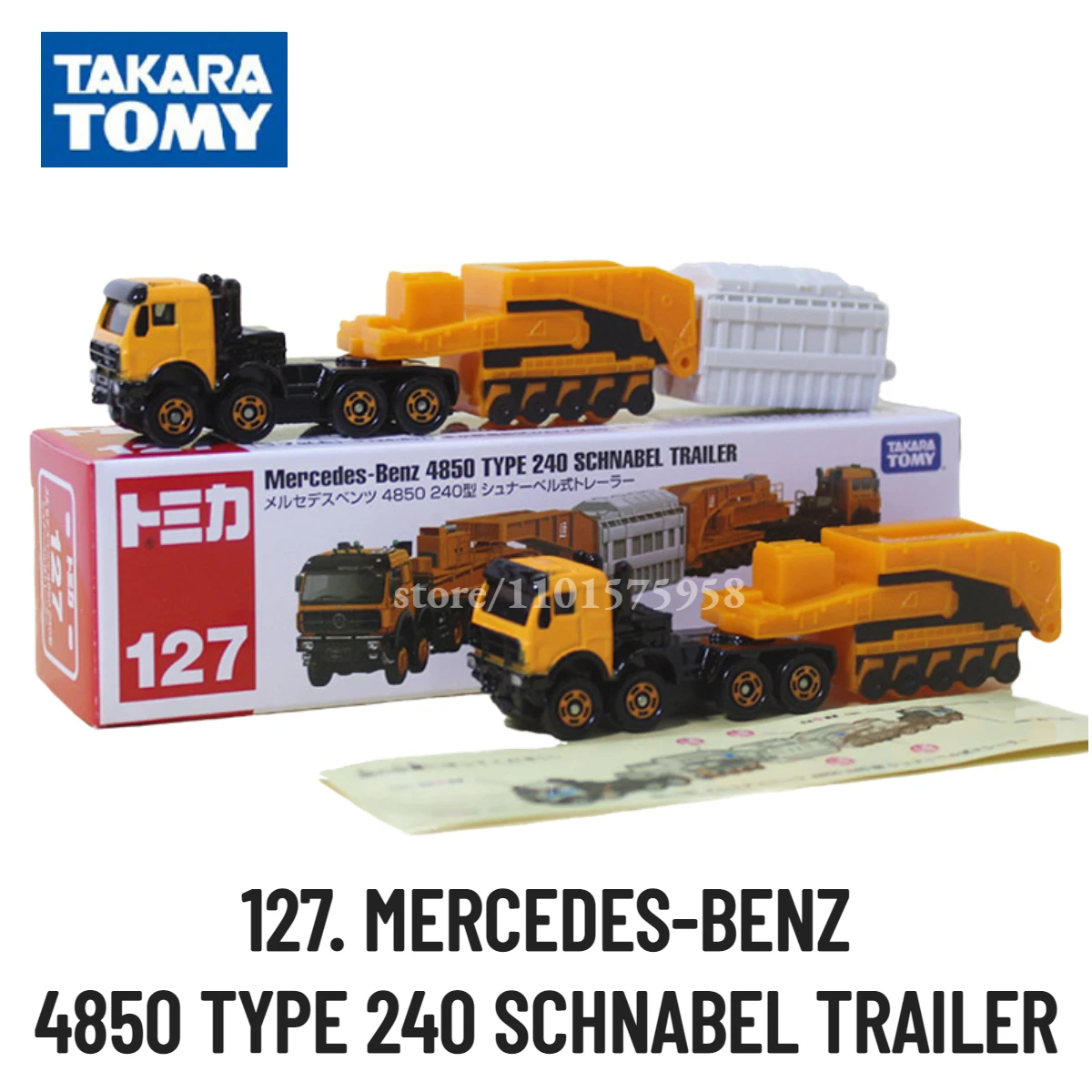 Takara Tomy Tomica Special Vehicle, 127. MERCEDES-BENZ 4850 TYPE 240 SCHNABEL TRAILER Car Model Truck Miniature Toy for Boy