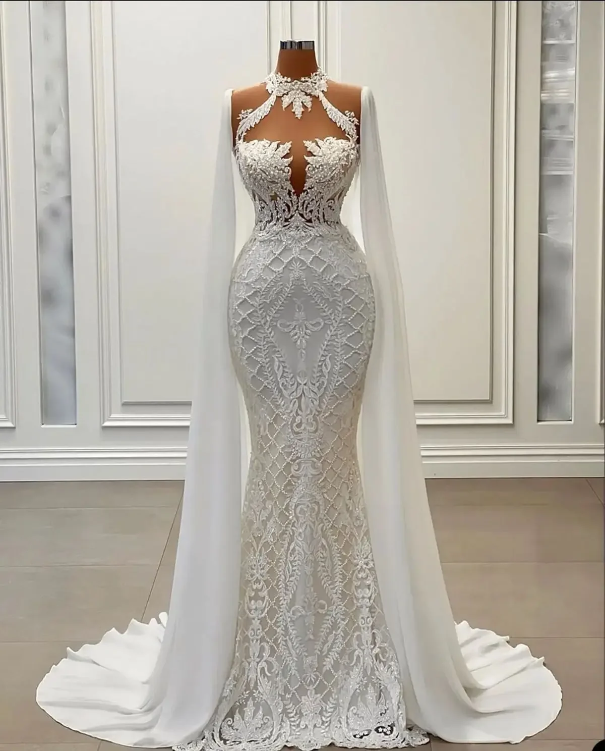 Customized High Neck Lace Wedding Dresses With Fly Away Cape Robe De Mariage Sweep Train PLus Size Mermaid Bridal Gowns 1