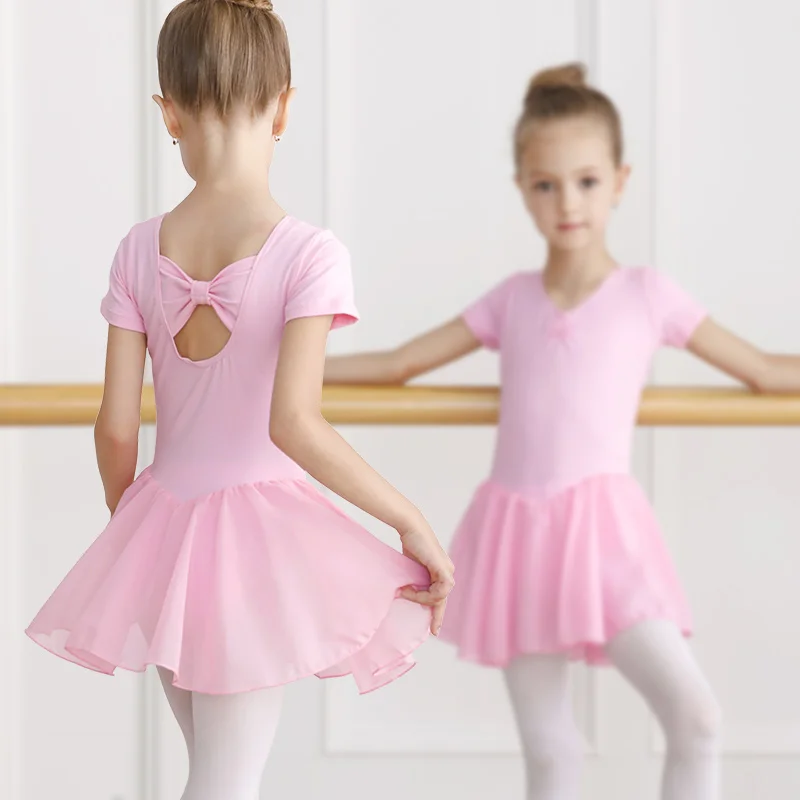 Justaucorps de Ballet pour filles avec jupe en mousseline de soie et Tulle, robe de danse lyrique avec nœud papillon pour enfants, manches courtes/longues, body avec nœud papillon au dos, vêtements de danse
