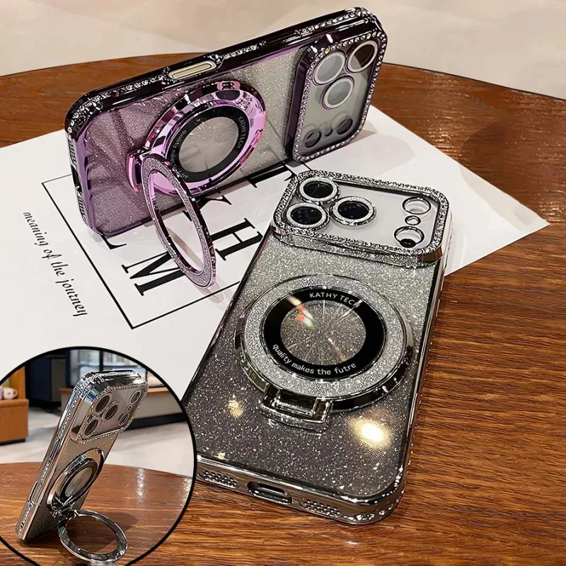 Plating transparent diamond glitter magnetic phone case for iPhone 17 16 13 14 15 Pro Max lens protection bracket back cover 4