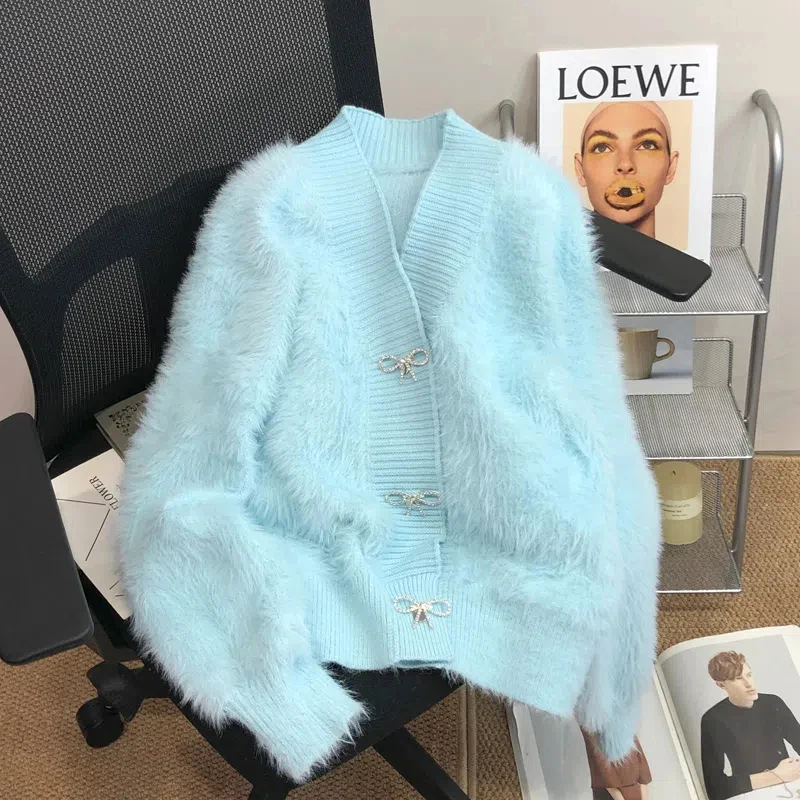여성용 우아한 니트 가디건, 모조 밍크 크롭 스웨터 코트, 스위트 활 니트웨어, 한국 V넥 소프트 캐주얼 점퍼 탑, 신상