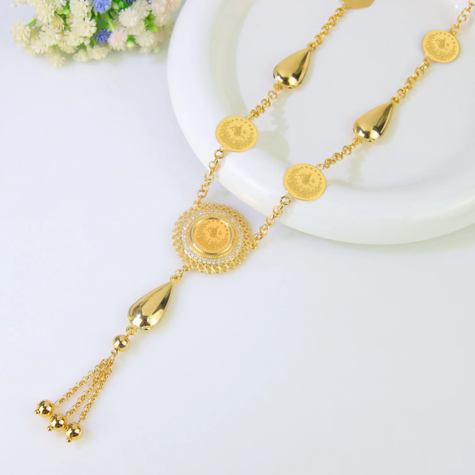 Dubai Mode-Charme Lange Halskette 21k Vergoldet Arabische Braut Hochzeit Münzen-Halsketten Habesha Frauen Event Party Schmuck – Detail 9