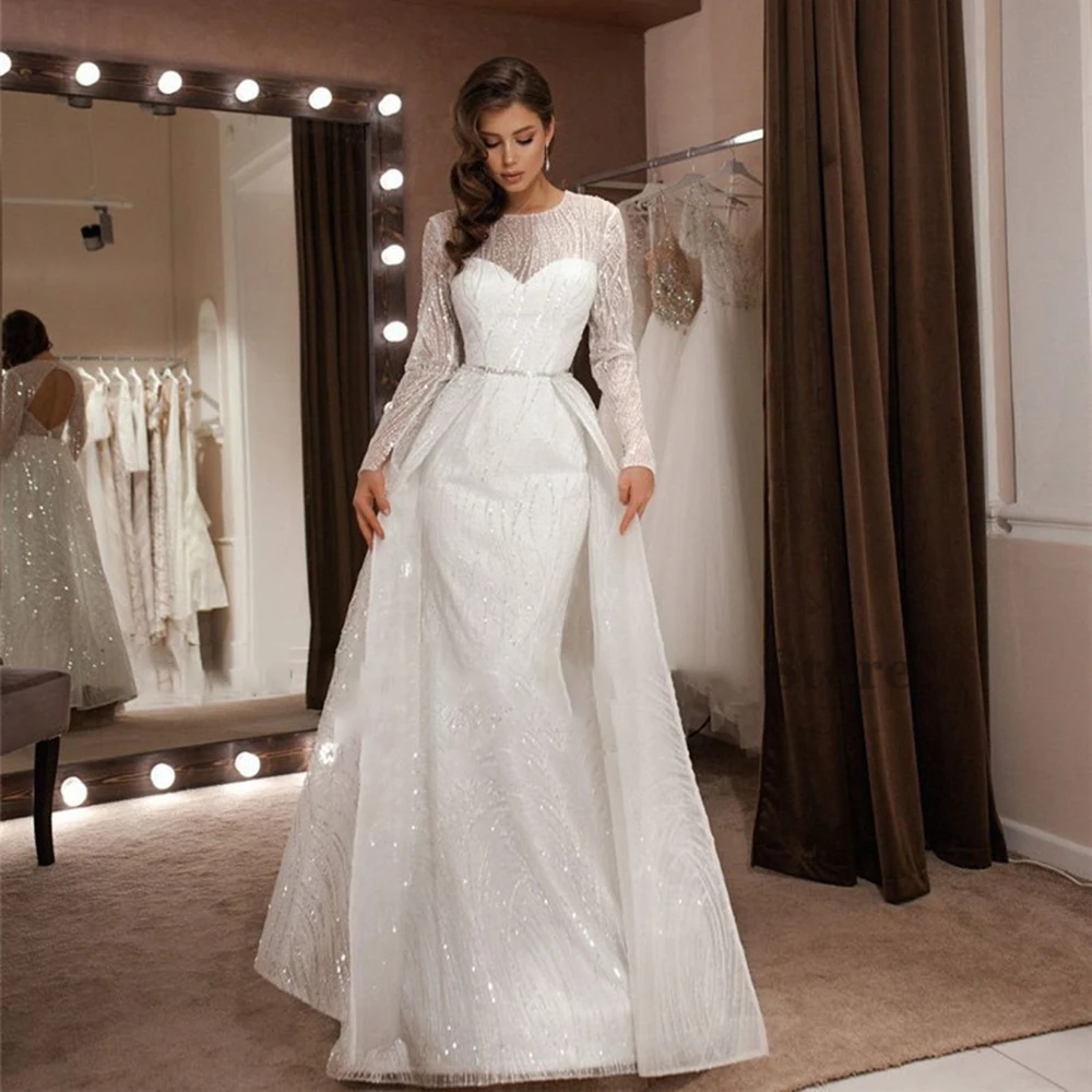 Furtanseo Sparkly Glitter Long Sleeves Wedding Dress With Deatchable