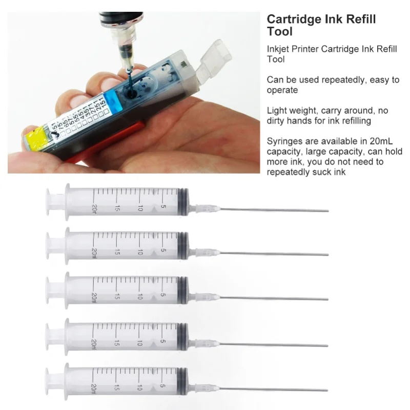 Mürekkep Püskürtmeli Yazıcı Mürekkep Kartuşu Mürekkep Dolum Aracı 5 Adet 20ml Şırınga 5 Adet 10cm Düz İğne Ofis İçin