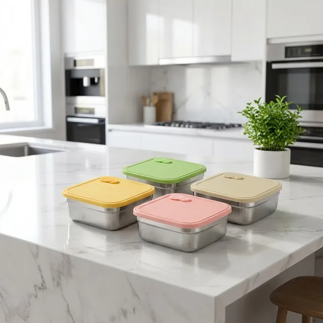 Boîte de conservation alimentaire pour réfrigérateur avec couvercle, empilable, hermétique, compatible micro-ondes, en acier inoxydable 304, boîte à lunch 1