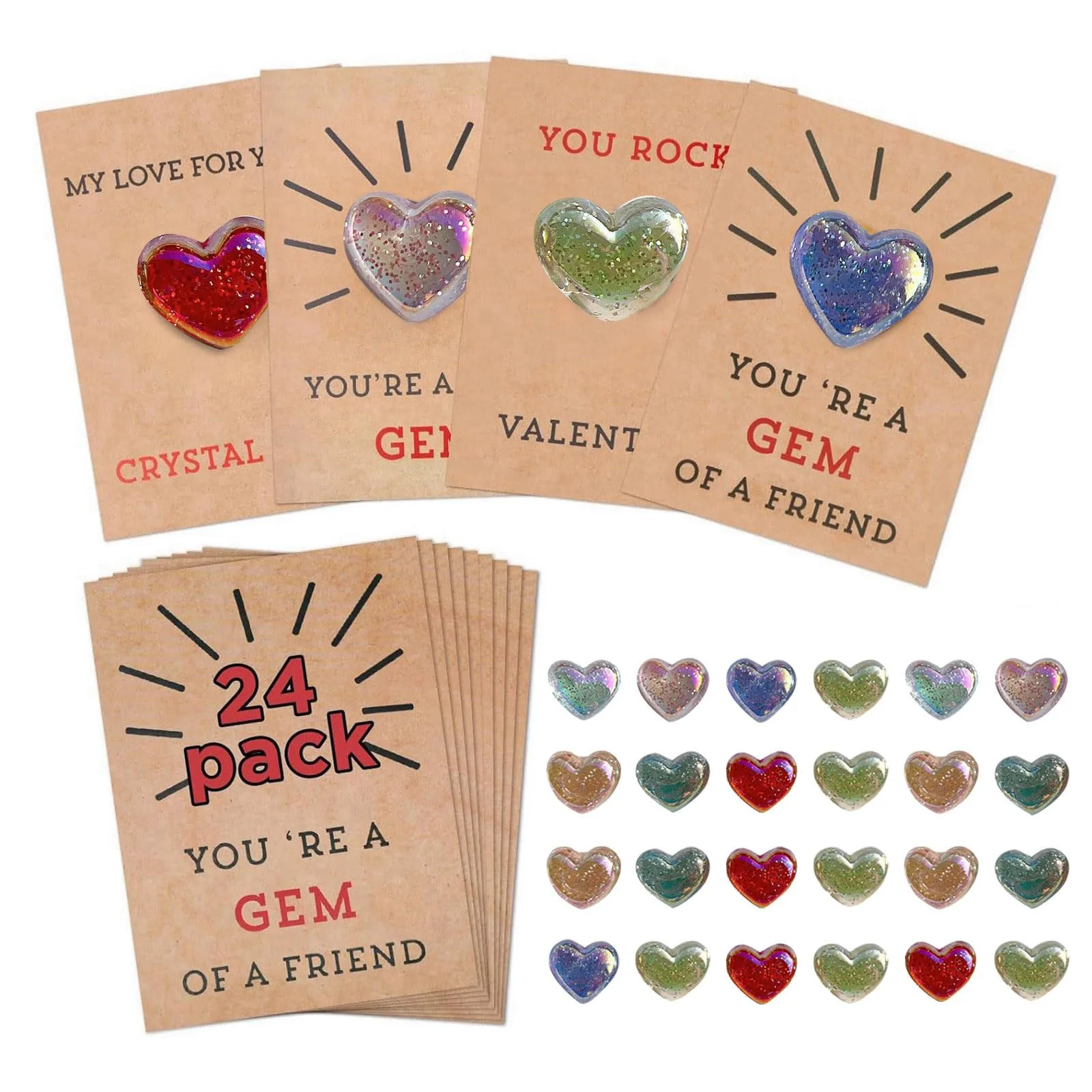 

Valentines Day Gifts For Kids 24 Pack Valentines Cards With Heart-Shape Crystals Valentine Toddlers Class Classroom School Party