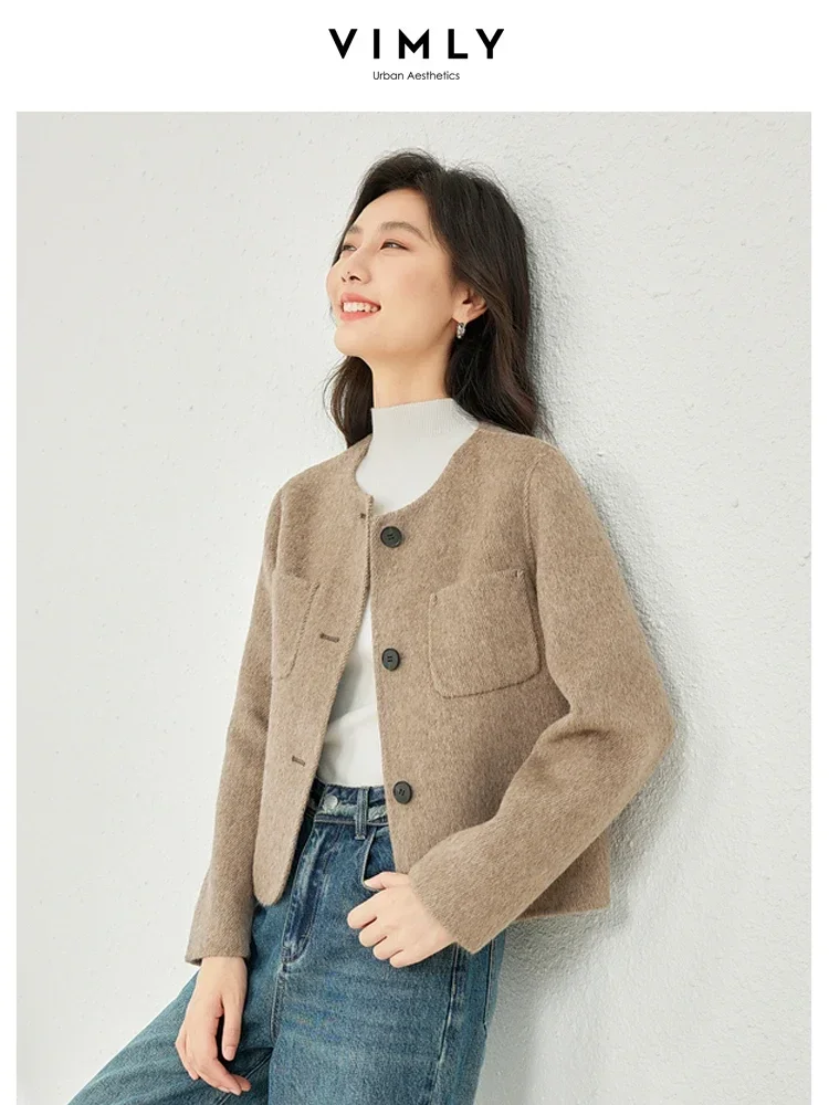 Vimly Double Faced Wool Blend Short Coat for Women 2023 Winter Fashion Office Ladies Single Breasted Long Sleeve Outerwear 50658 vimly cropped plaid quilted tweed jackets women 2023 o neck single breasted long sleeve office ladies winter coat clothing m5332