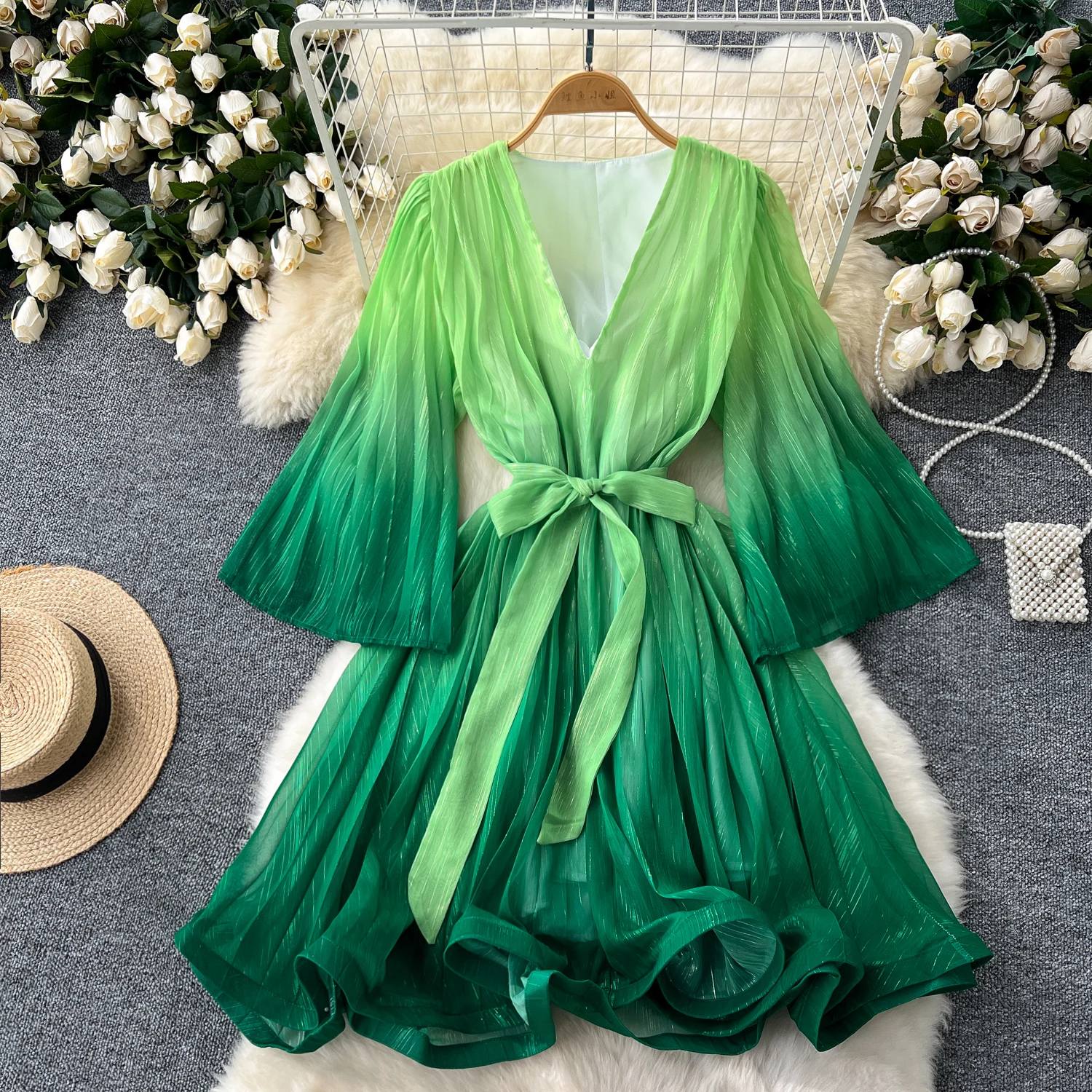 

Vintage Elegant V-neck Flare Sleeve Gradient Mini Dress A-line Fashion Beach Spring Summer Vestidos Women Bandage Sweet Dresses