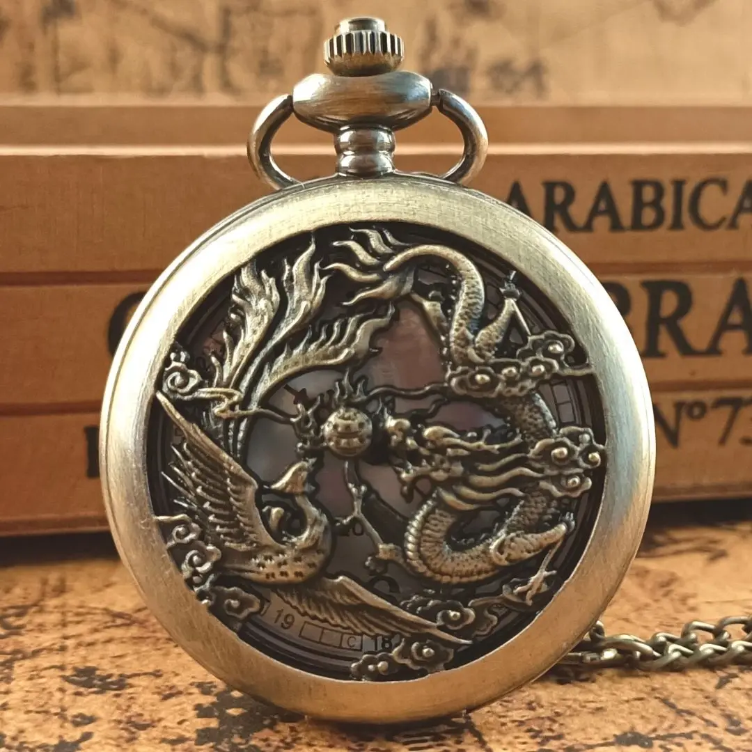 Retro Quartz Pocket Watch Dragon Play Ball Steampunk Skeleton Hand-wind Flip Clock Fob Watch With Chain Double Hunter Gift