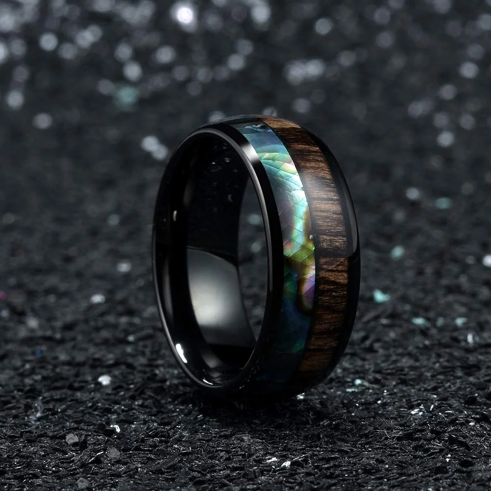 8mm Men Black Stainless Steel Ring Hawaiian Koa Abalone Shell Inlay Engagement Rings For Men Women Wedding Band Jewelry wedding rings finger rings womens ring jewelry rings ring jewelry couple rings