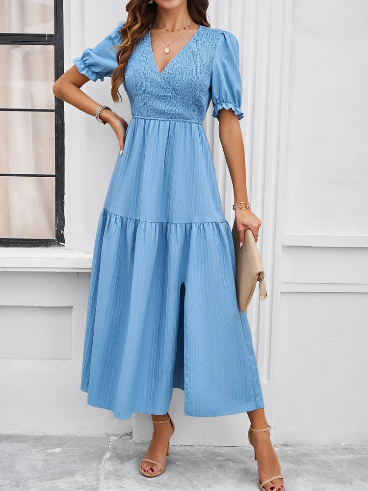 

FTLZZ Summer Casual Women V-neck Puff Sleeve Long Dress Office Lady Empire Slim A-line Dress Solid Dress