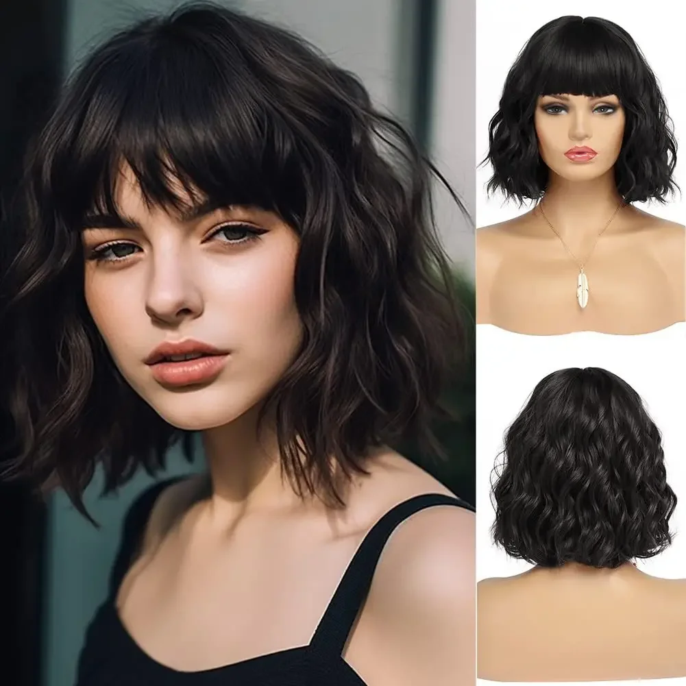 

Short Black Bob Wig with Bangs for Women, Synthetic Natural Hair Wigs, Wavy Shoulder Length Wig, Water Wave, 12 Inches