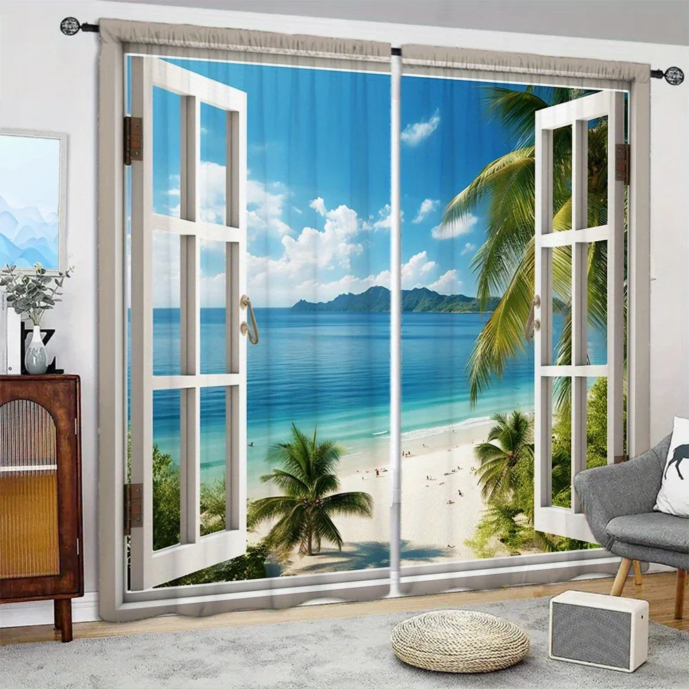 2pcs Beach Scenery Printed Curtain for Home Decor - Rod Pocket Window Treatment for Bedroom,Office,Kitchen,Living Room,and Study