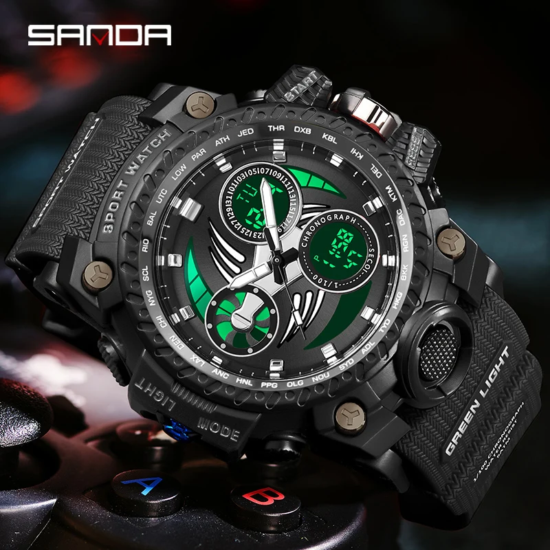 

SANDA New Men Watches Sports Military Quartz Watch 50M Waterproof Dual Display LED Digital Wristwatch For Male Relogio Masculino
