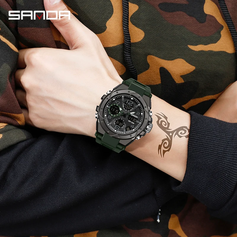 SANDA 6008 Military Outdoor Sports Waterproof Watch for Men LED Dual Display Quartz Digital Mens Wristwatches Reloj Hombre