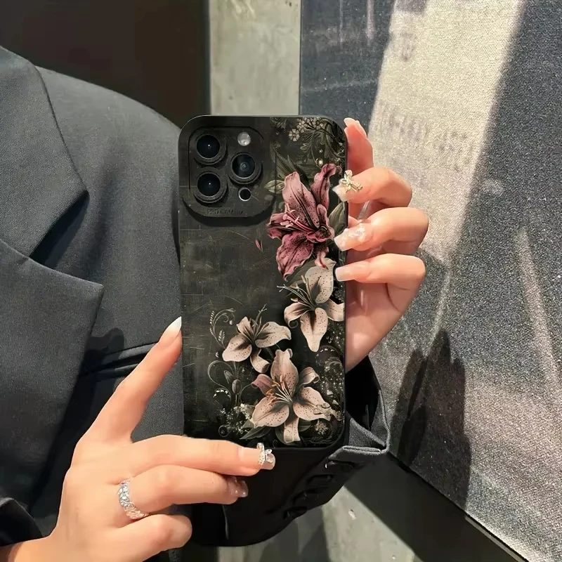 Elegant Flower Vintage Floral Shockproof Phone Case with Black Background