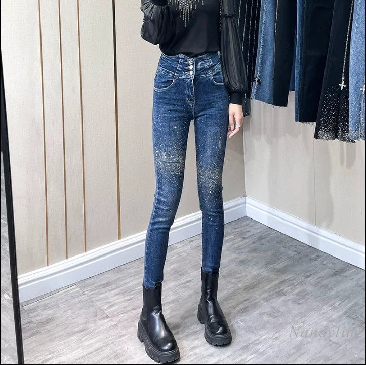 Rhinestone Jeans for Women Skinny Pants 2022 Autumn New High Waist