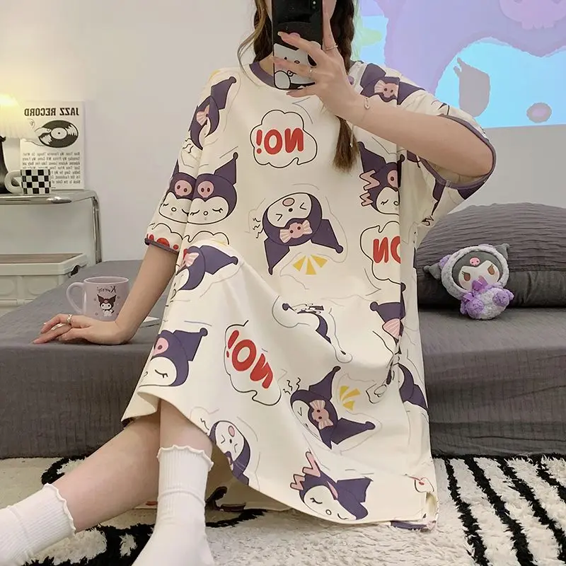 

Sanrio Summer Pajama Cartoon Kuromi Cinnamoroll Short-Sleeved Crewneck Nightdress Loose Above The Knee Midi Dress Home Wear