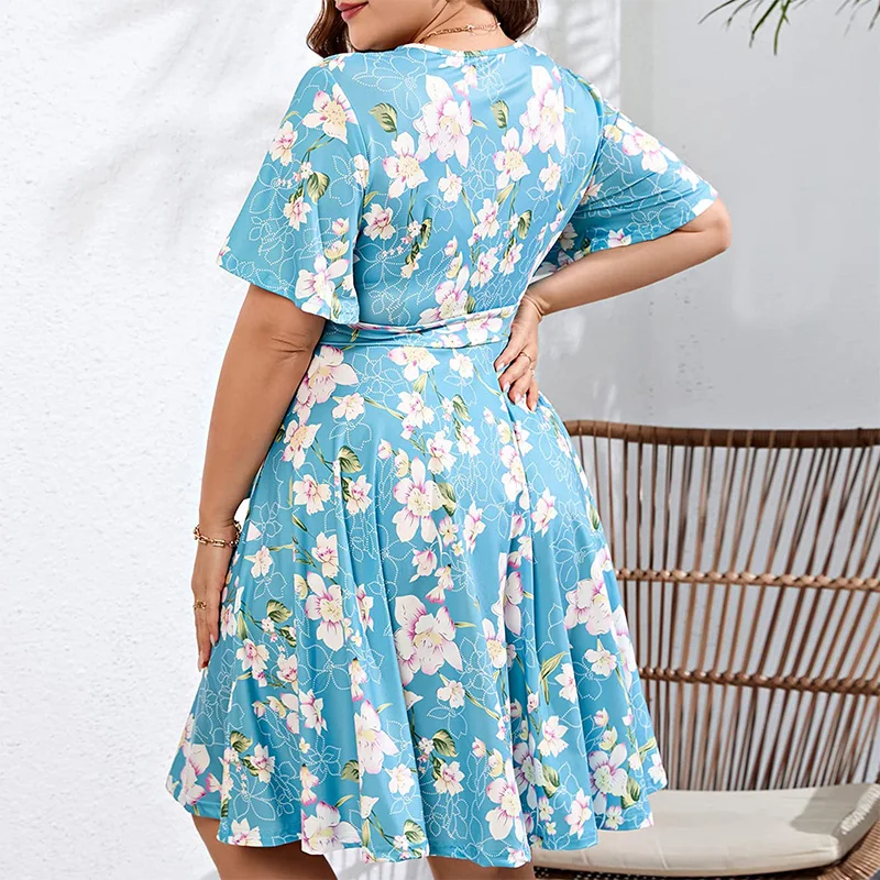 Women's Plus Size V-Neck Floral Printing Short Sleeve Summer Clothes Simplicity Casual Bandage Pleated Knee-Length Dresses